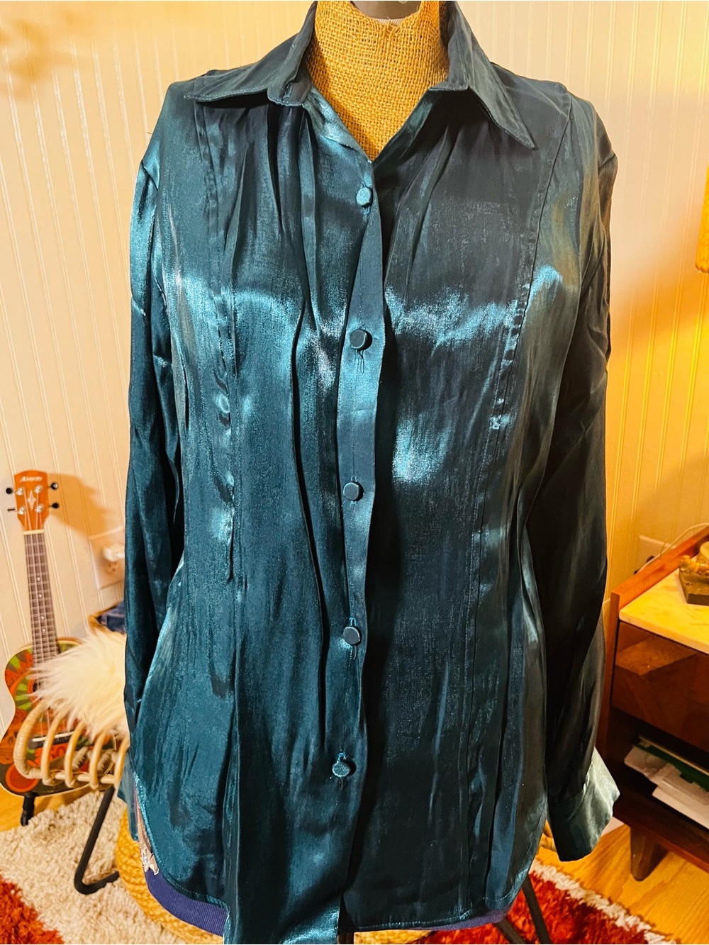 VTG 1970’s Silky Emerald Green Button-Front Women's Blouse